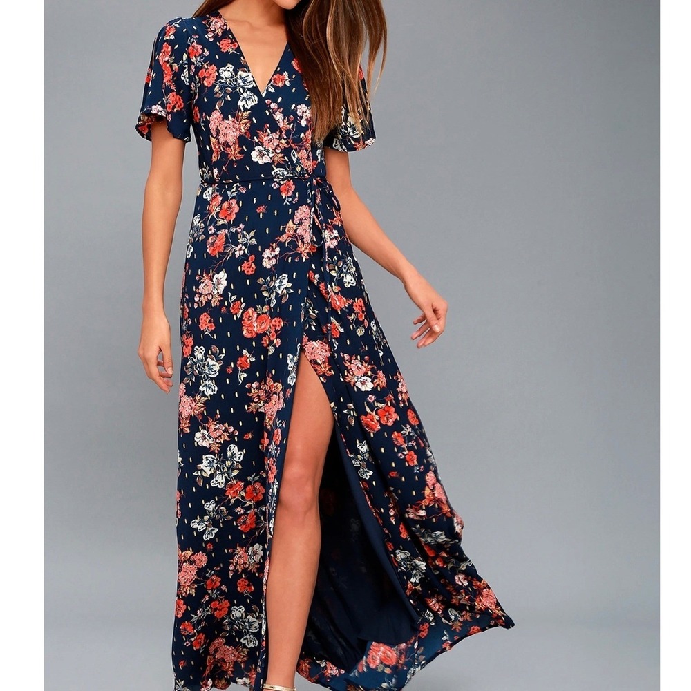 Lulus Divine Days Navy Floral Wrap Maxi‎ Dress M Metallic Gold NWT Boho Romantic